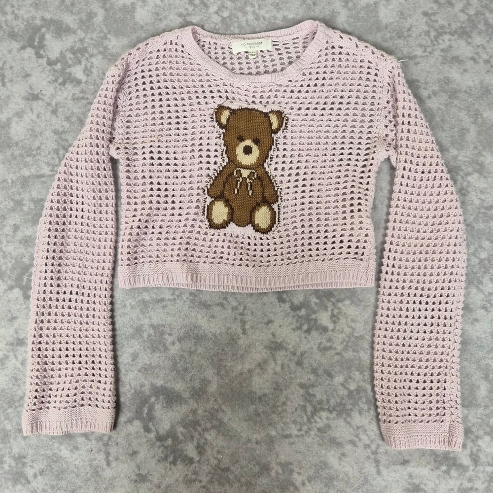 No Comment Crochet Sweater Girls Medium 10/12 Pink Open Knit Coquette Teddy Bear